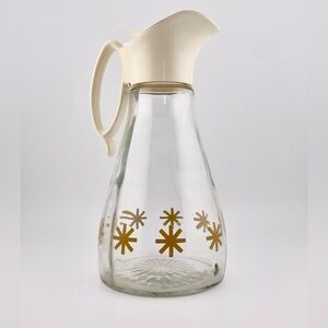 Vintage, Log Cabin Syrup Dispenser Clear Glass Gold with Atomic Starburst